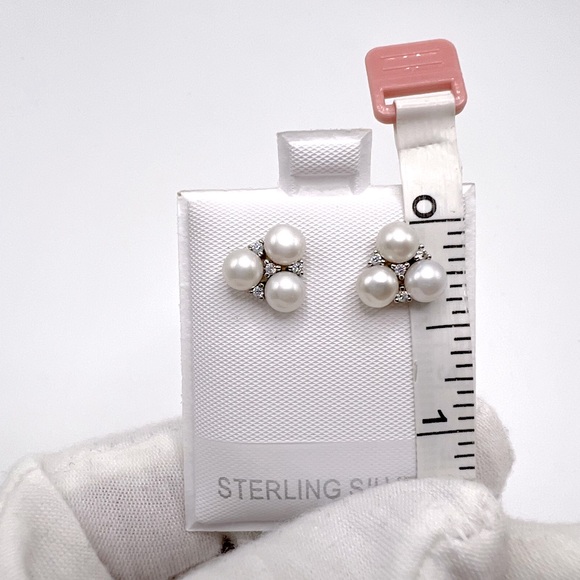 .925 Sterling Silver Simulated Pearl and Clear Cz Earrings - Picture 10 of 17